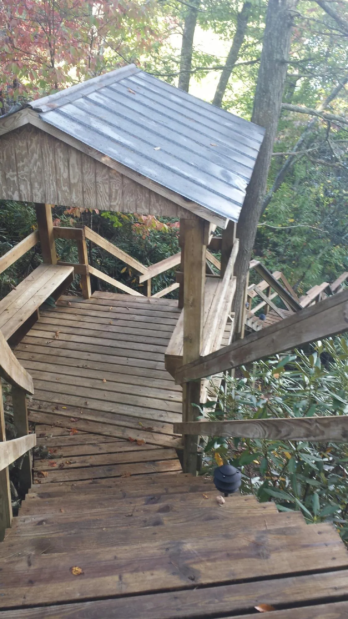 Metal roofed shelter over wooden steps on a wooded walkway — Skylight Repair & Installation work by our crew in Daly City